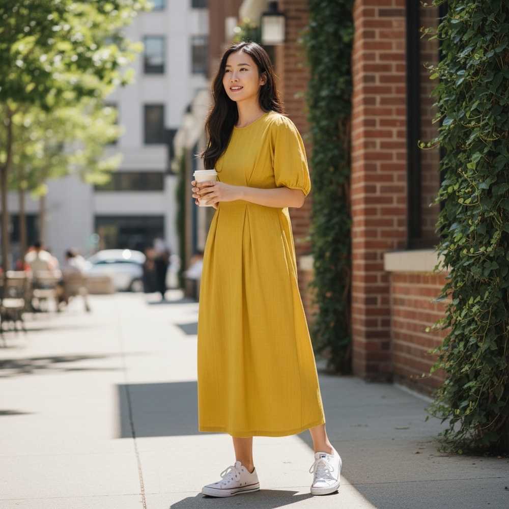 Chartreuse linen dress with pockets - sz small